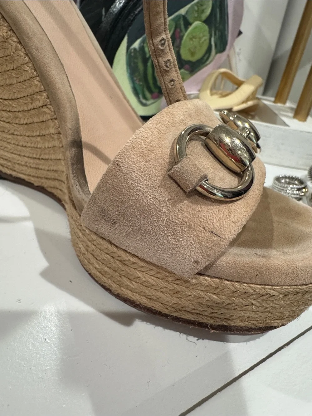 Gucci Tan Suede Wedge Sandals with Gold Horsebit